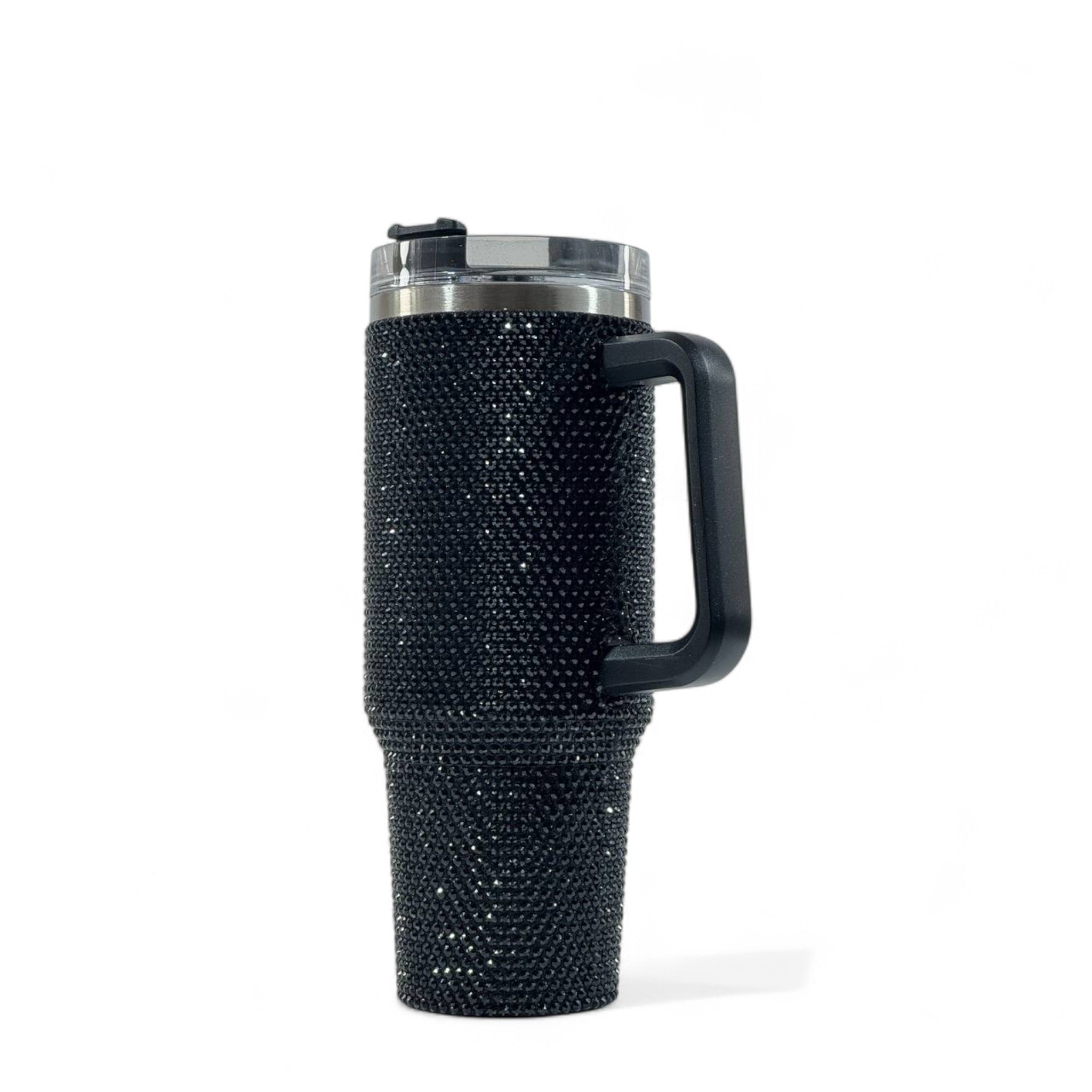 🖤💎 Black Rhinestone Travel Tumbler Mug with Handle & Lid – 40oz Sparkling Cup ✨🔥