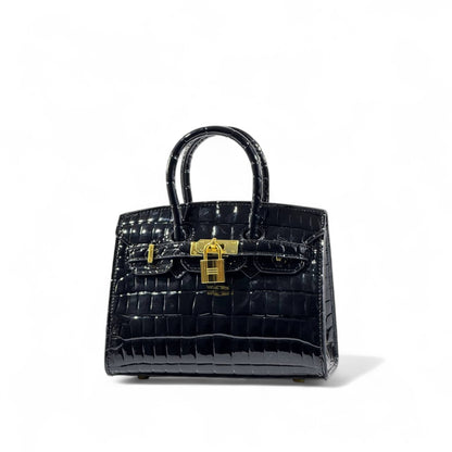 🖤👑 Hermès Style Black Croc-Embossed Handbag with Gold Lock & Scarf Detail ✨💼