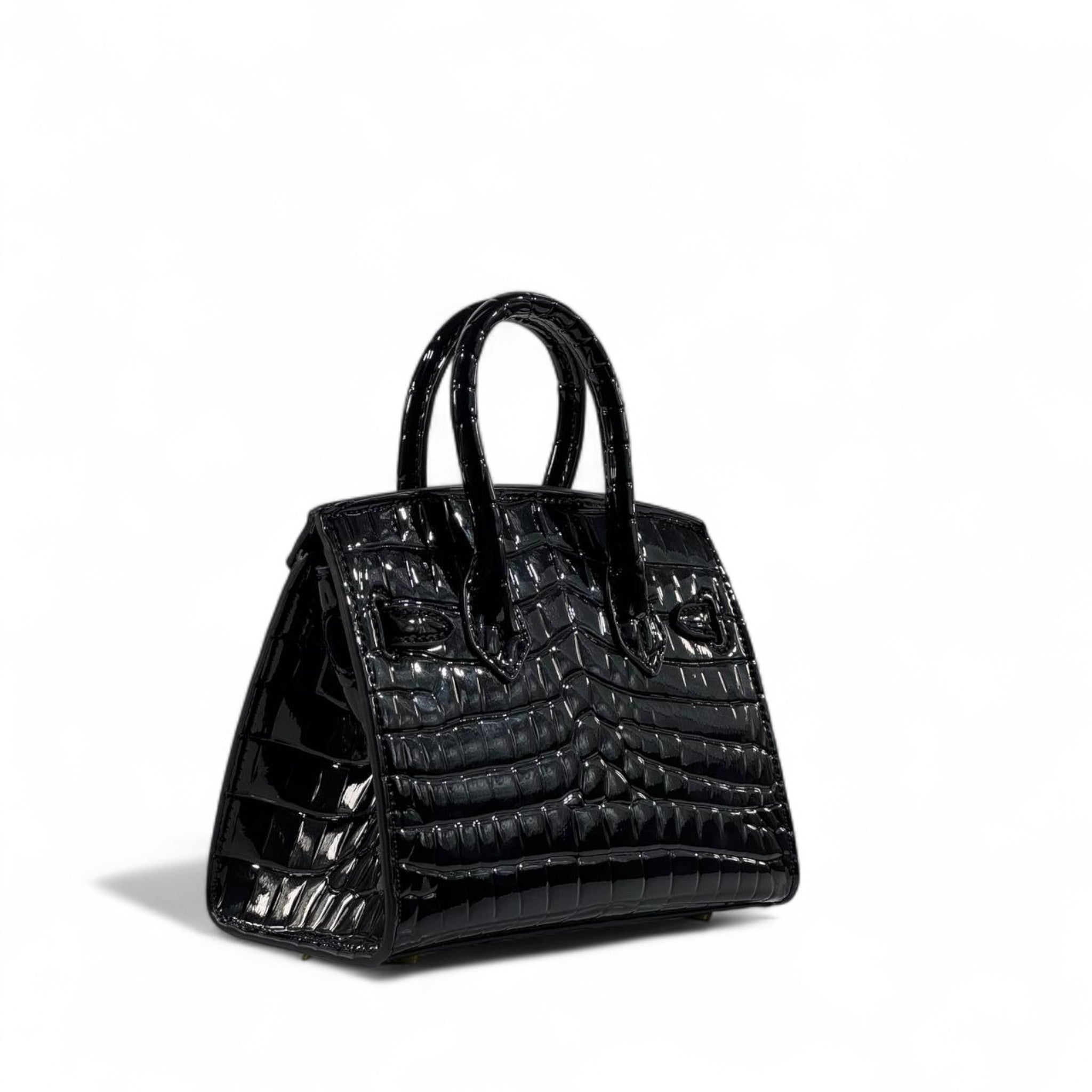 🖤👑 Hermès Style Black Croc-Embossed Handbag with Gold Lock & Scarf Detail ✨💼