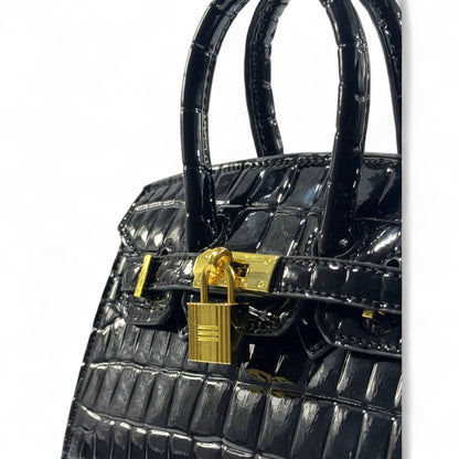 🖤👑 Hermès Style Black Croc-Embossed Handbag with Gold Lock & Scarf Detail ✨💼