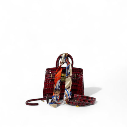 ❤️👑 Hermès Style Red Croc-Embossed Handbag with Gold Lock, Strap & Scarf ✨🔥