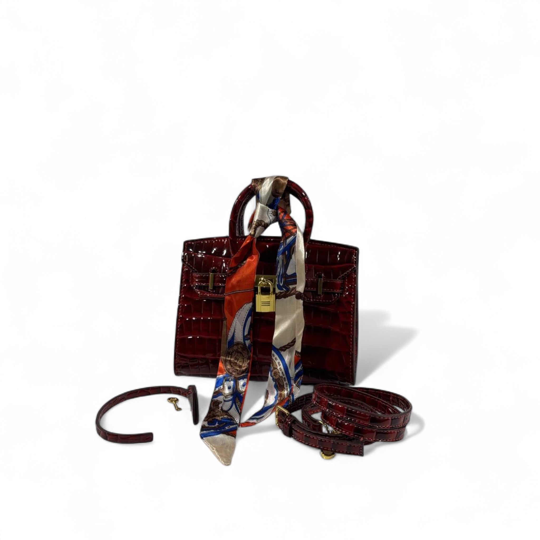 ❤️👑 Hermès Style Red Croc-Embossed Handbag with Gold Lock, Strap & Scarf ✨🔥