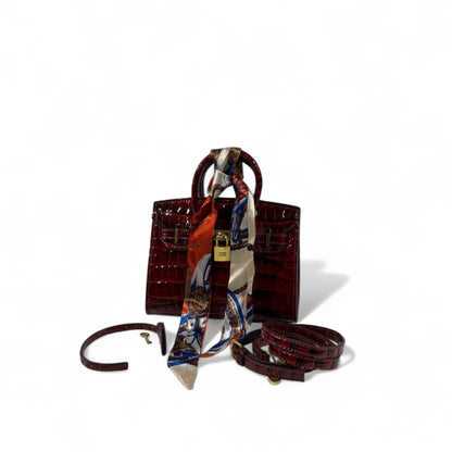 ❤️👑 Hermès Style Red Croc-Embossed Handbag with Gold Lock, Strap & Scarf ✨🔥