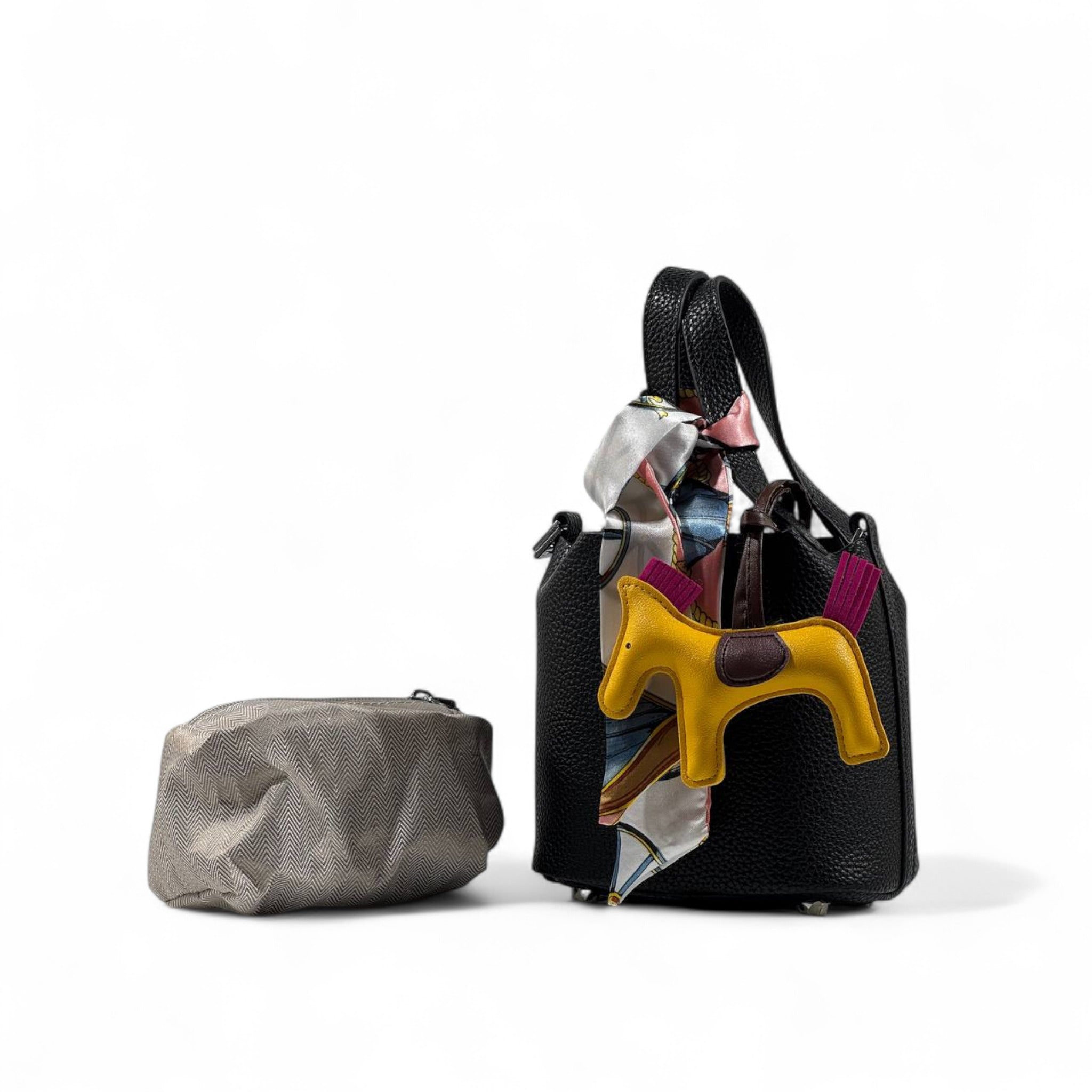 🖤🐴 Hermès Style Black Mini Handbag with Scarf, Horse Charm & Strap ✨💼