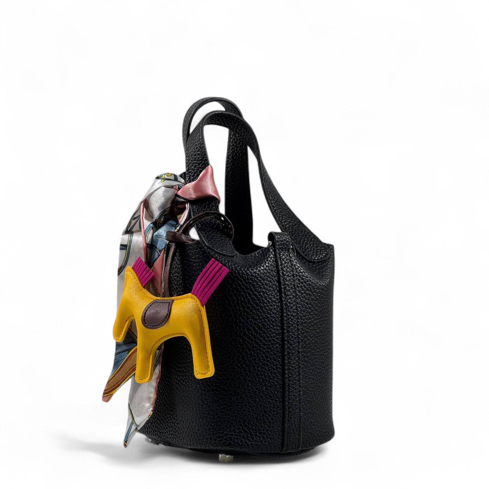 🖤🐴 Hermès Style Black Mini Handbag with Scarf, Horse Charm & Strap ✨💼