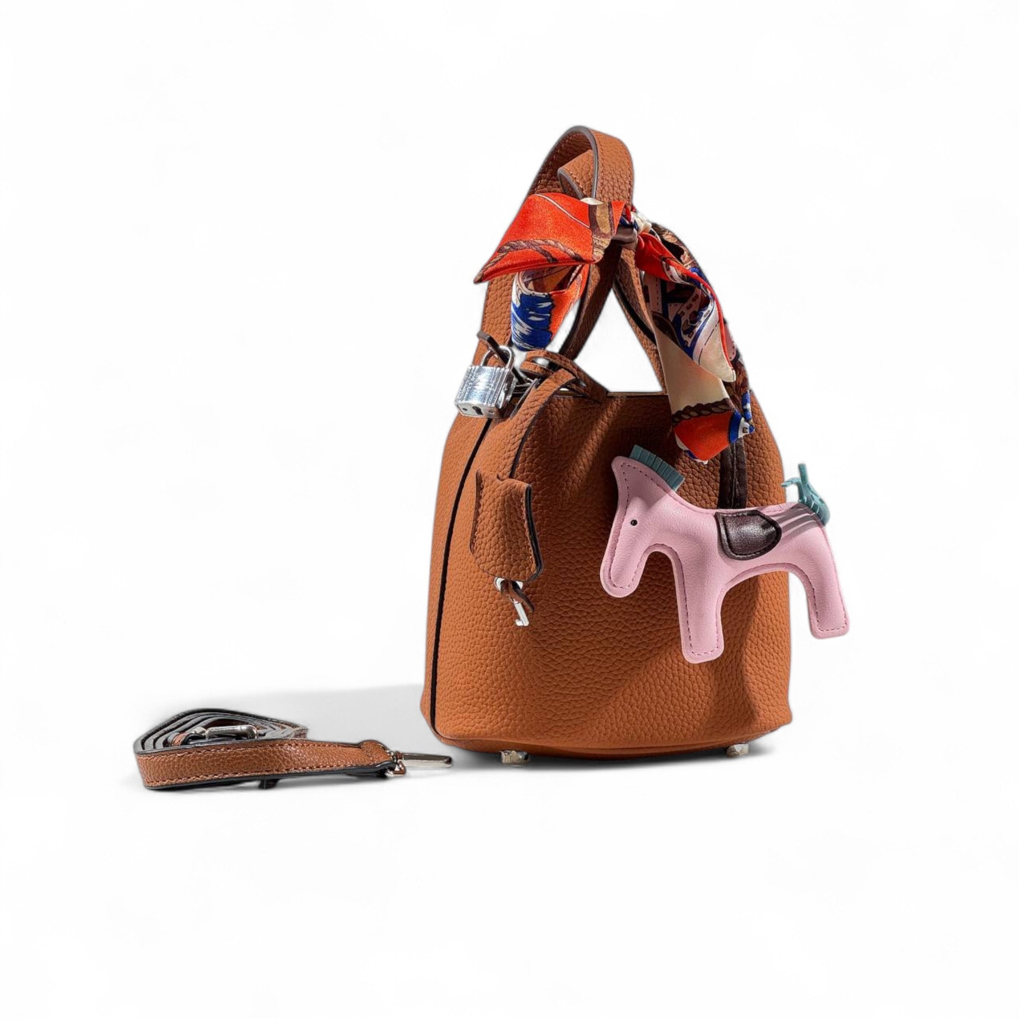 🤎🐴 Hermès Style Brown Mini Handbag with Scarf, Pink Horse Charm & Strap ✨