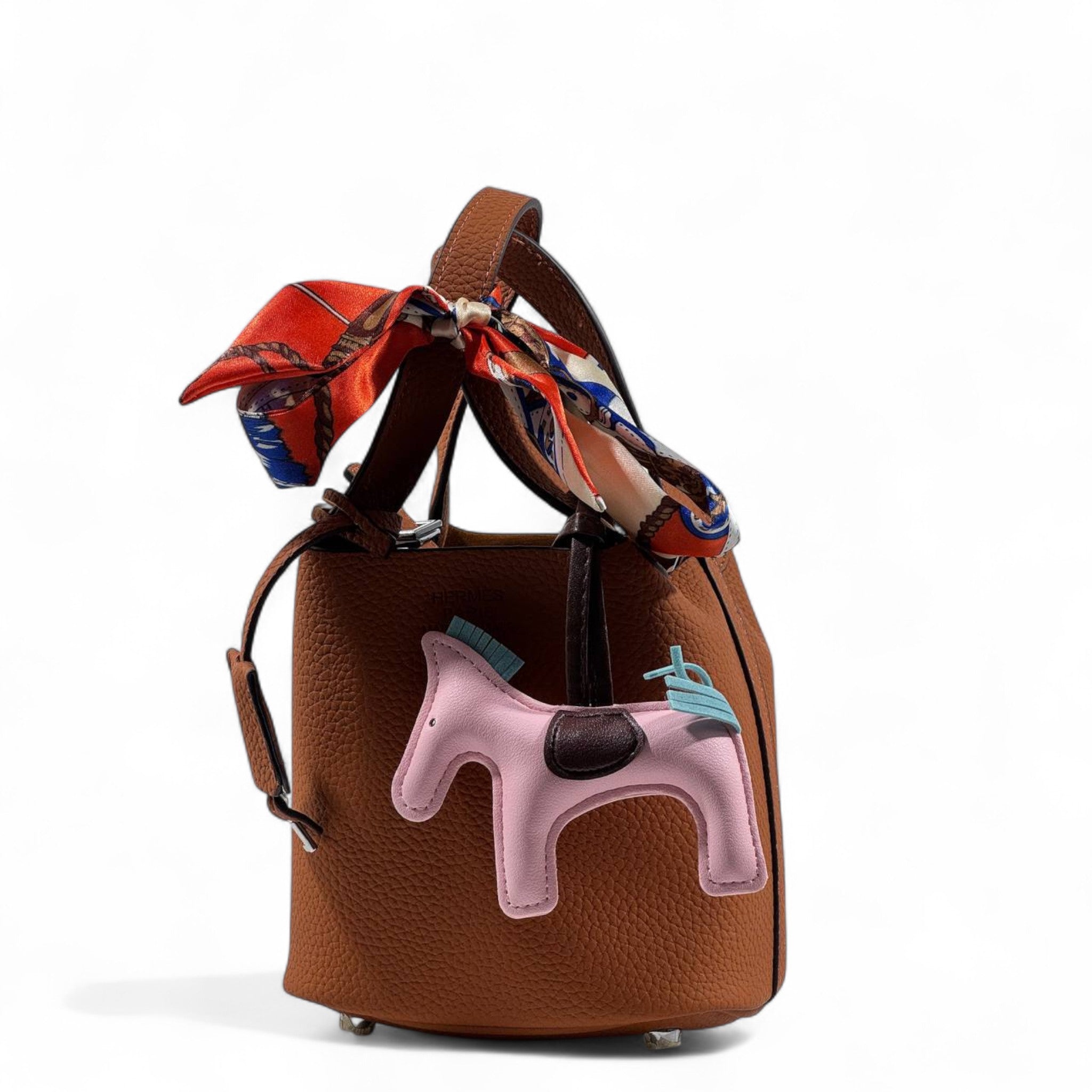 🤎🐴 Hermès Style Brown Mini Handbag with Scarf, Pink Horse Charm & Strap ✨