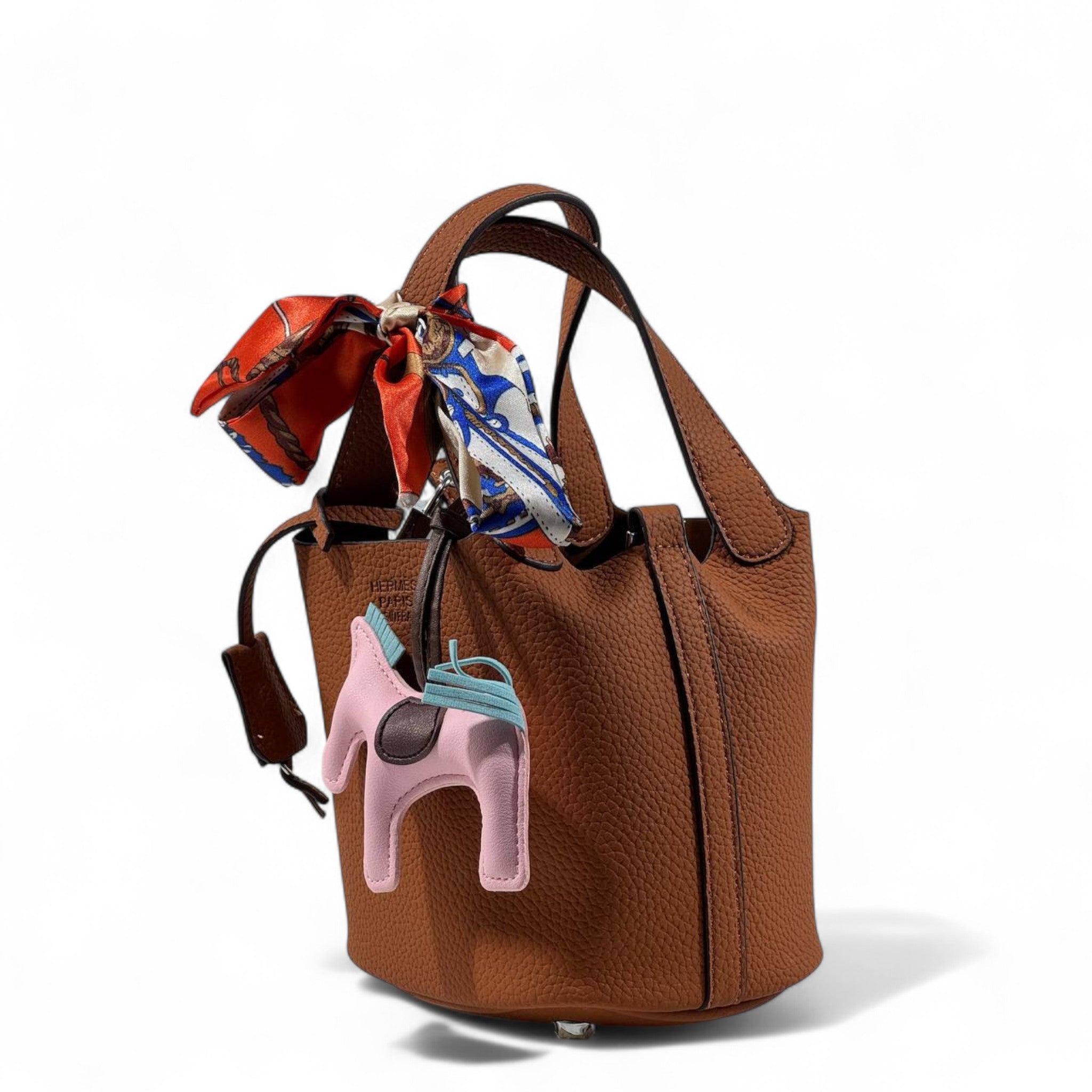 🤎🐴 Hermès Style Brown Mini Handbag with Scarf, Pink Horse Charm & Strap ✨