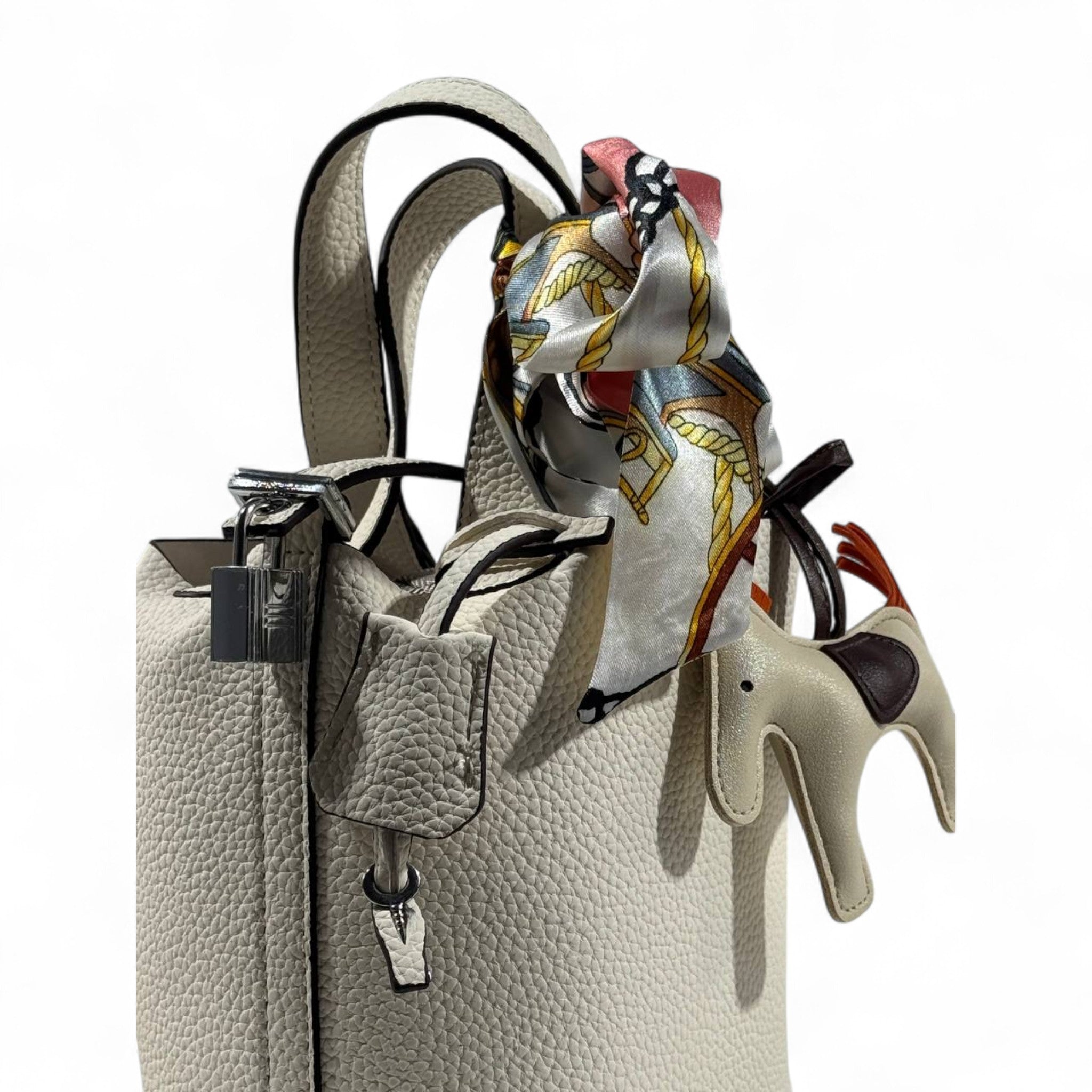 🤍🐴 Hermès Style Beige Mini Handbag with Scarf, Horse Charm & Strap ✨