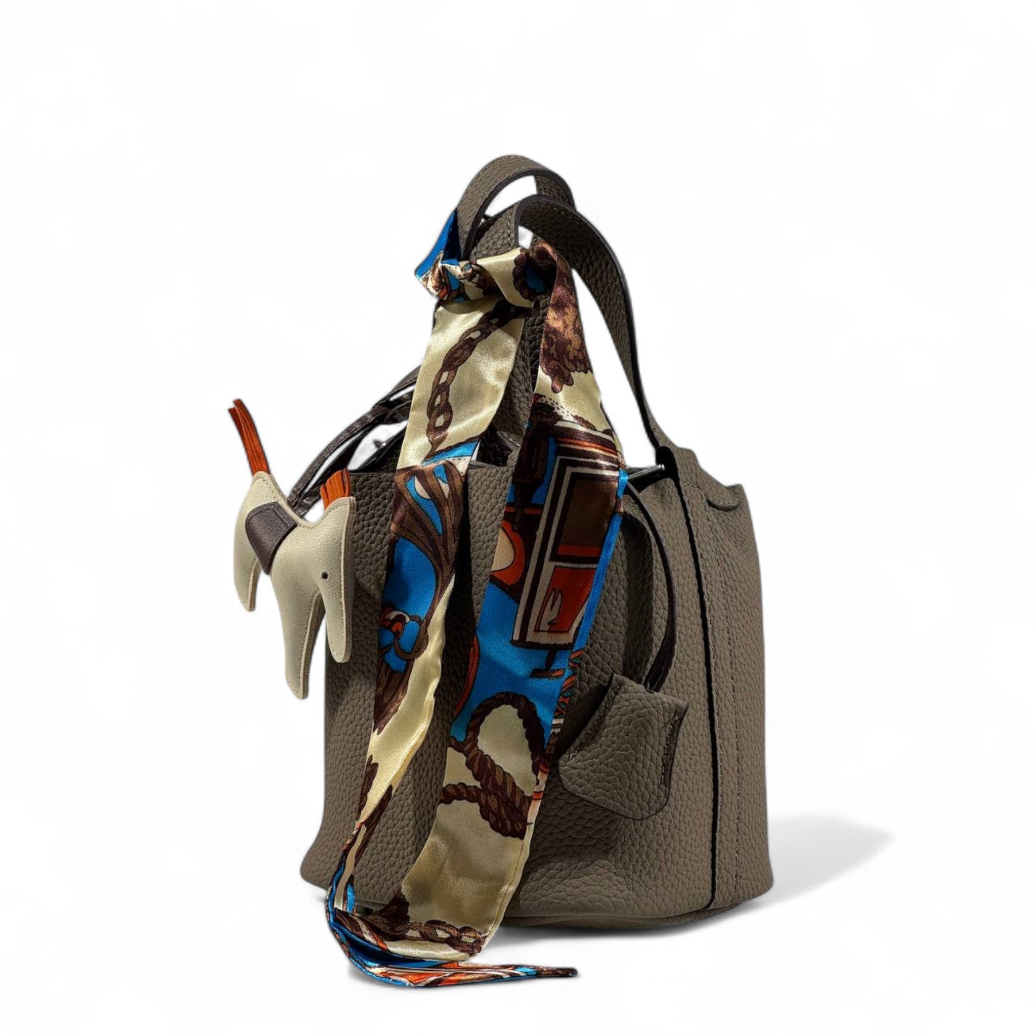 Hermès Picotin-Inspired Deep Brown Tote with Twilly & Rodeo Charm – Chic & Timeless