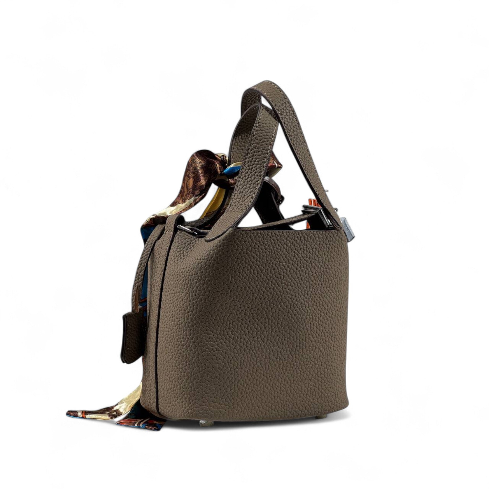 Hermès Picotin-Inspired Deep Brown Tote with Twilly & Rodeo Charm – Chic & Timeless