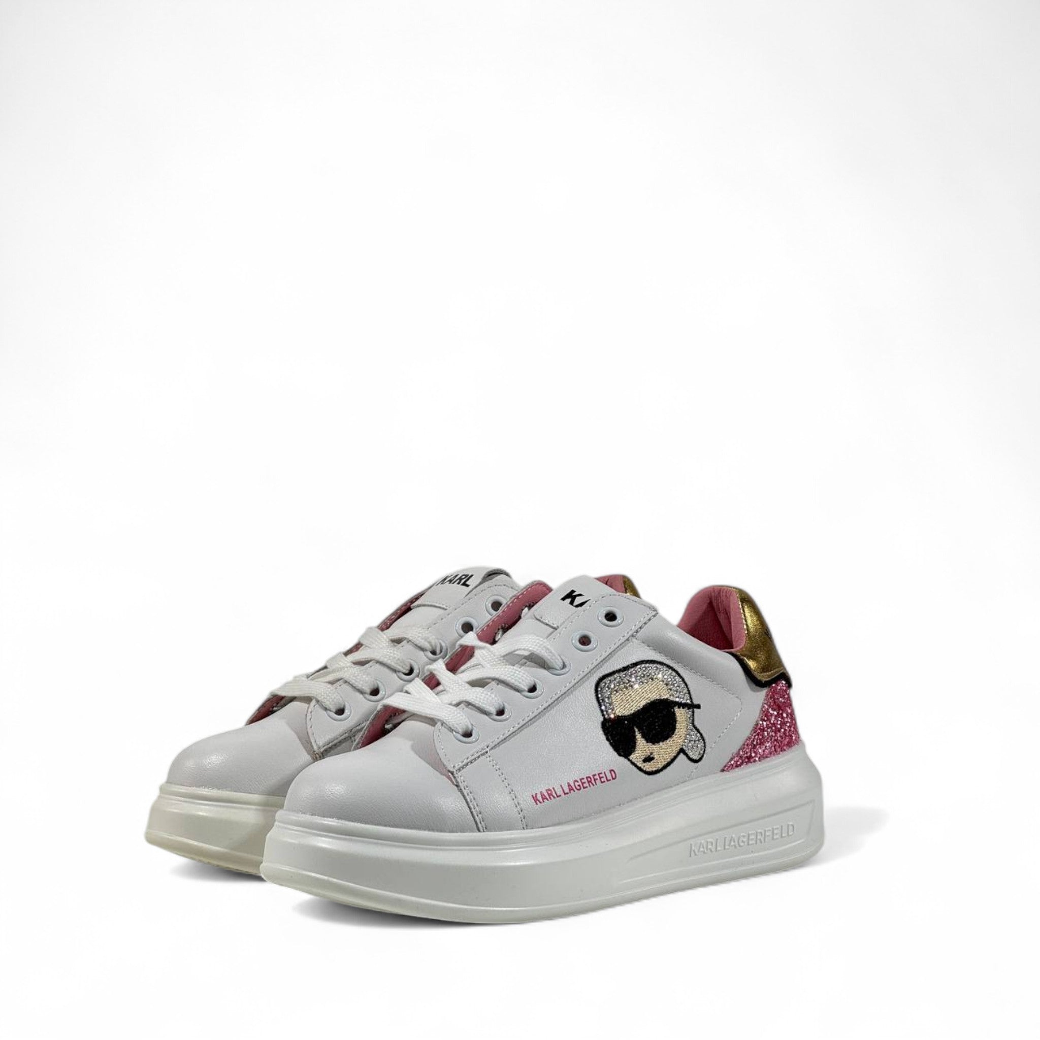 ✨ Karl Lagerfeld White Sneakers – Iconic Cartoon Patch & Glitter Accent ✨