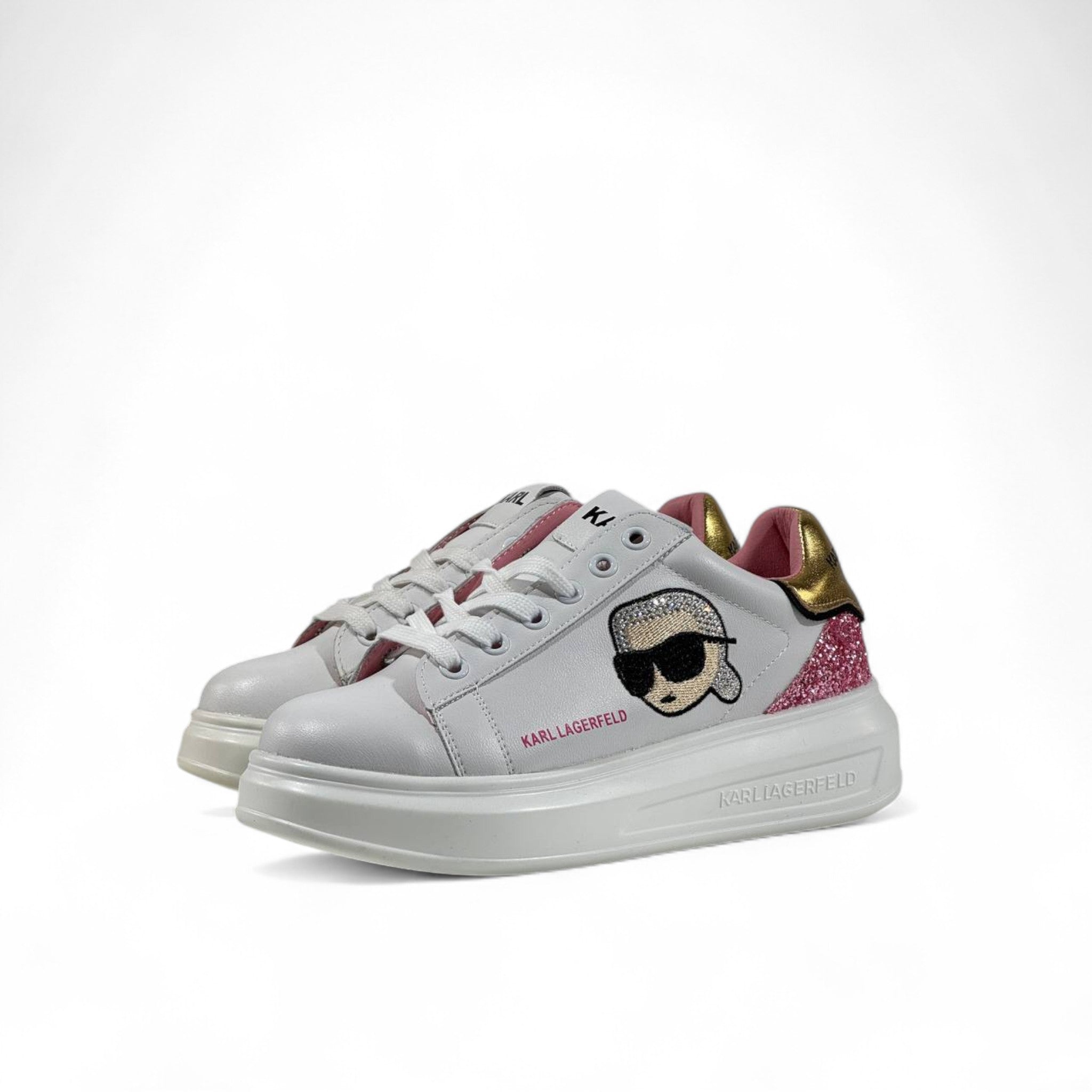 ✨ Karl Lagerfeld White Sneakers – Iconic Cartoon Patch & Glitter Accent ✨
