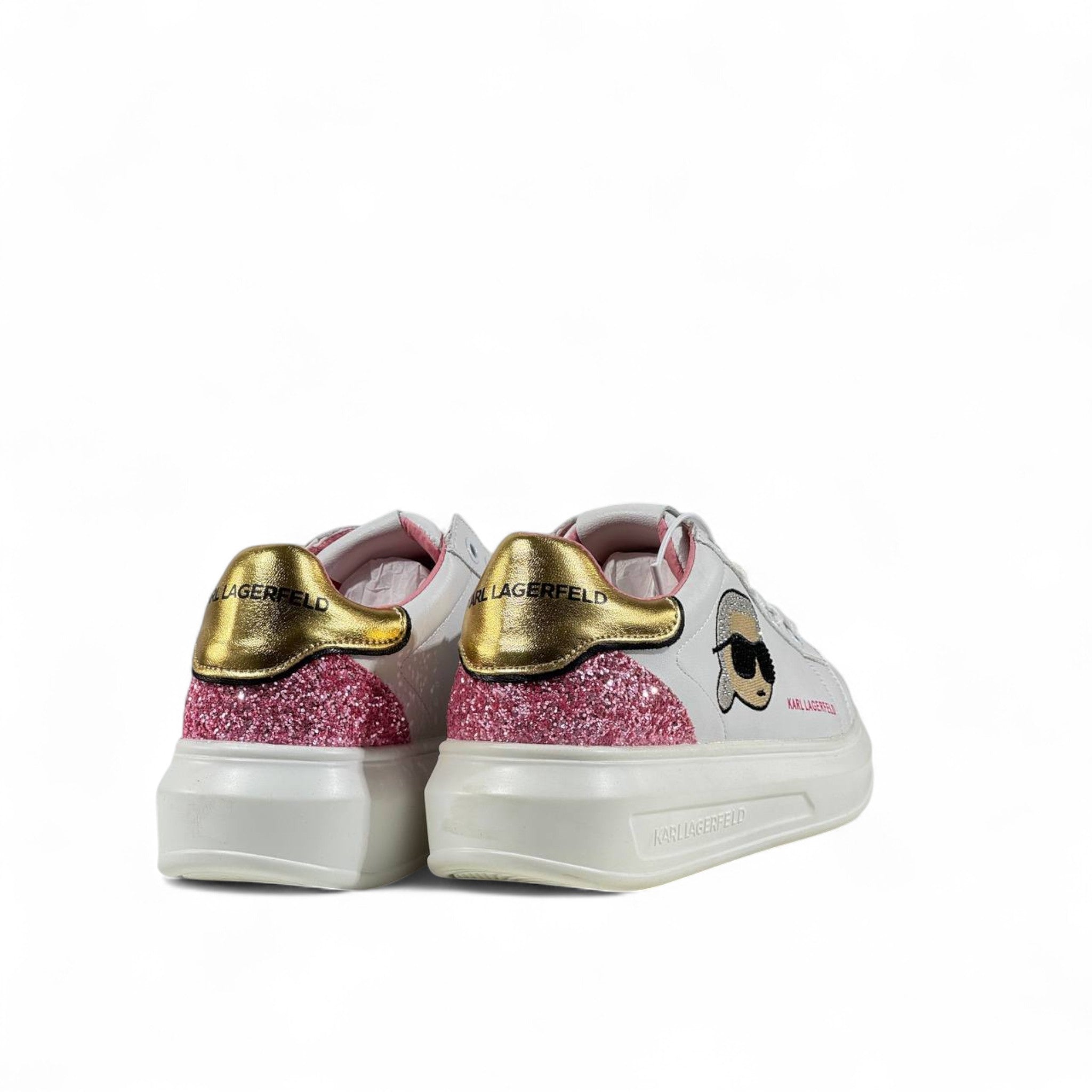 ✨ Karl Lagerfeld White Sneakers – Iconic Cartoon Patch & Glitter Accent ✨