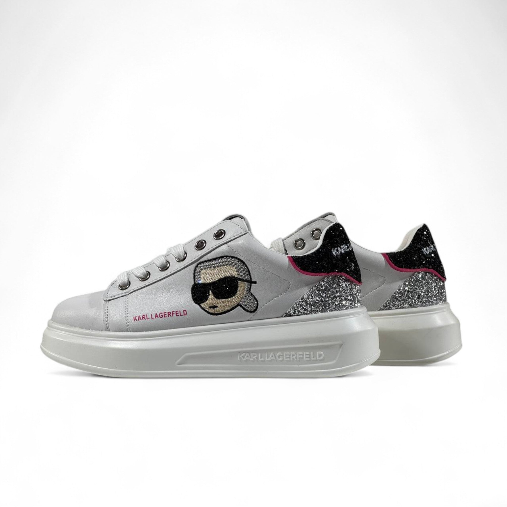 ✨ Karl Lagerfeld Glitter Icon Sneakers – White & Silver Spark Edition ✨