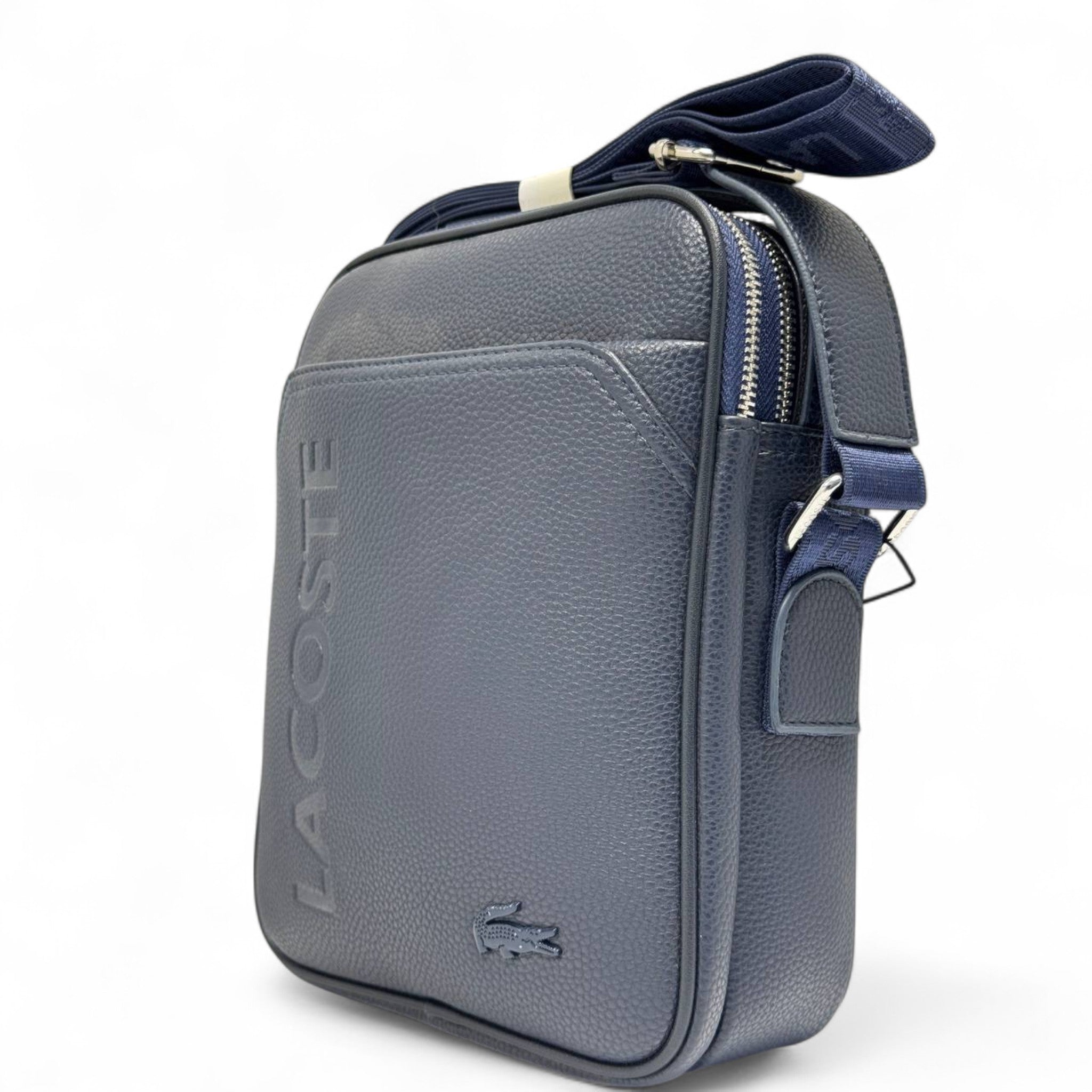 Lacoste Vertical Messenger Bag – Navy Pebbled Edition 🐊💼