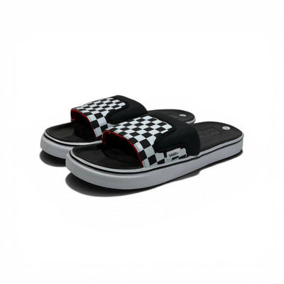 🏁🔴 Vans Checkerboard Slides – Black & White Red Accent Edition
