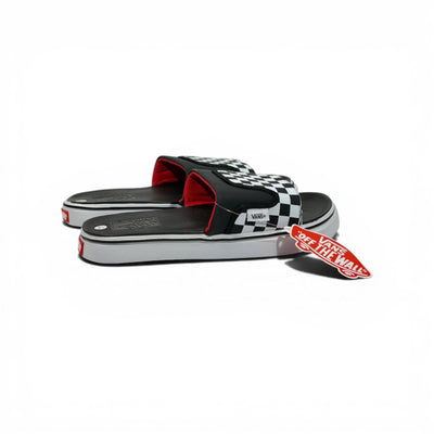 🏁🔴 Vans Checkerboard Slides – Black & White Red Accent Edition