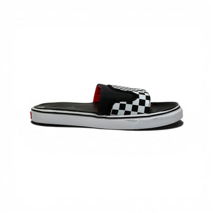 🏁🔴 Vans Checkerboard Slides – Black & White Red Accent Edition