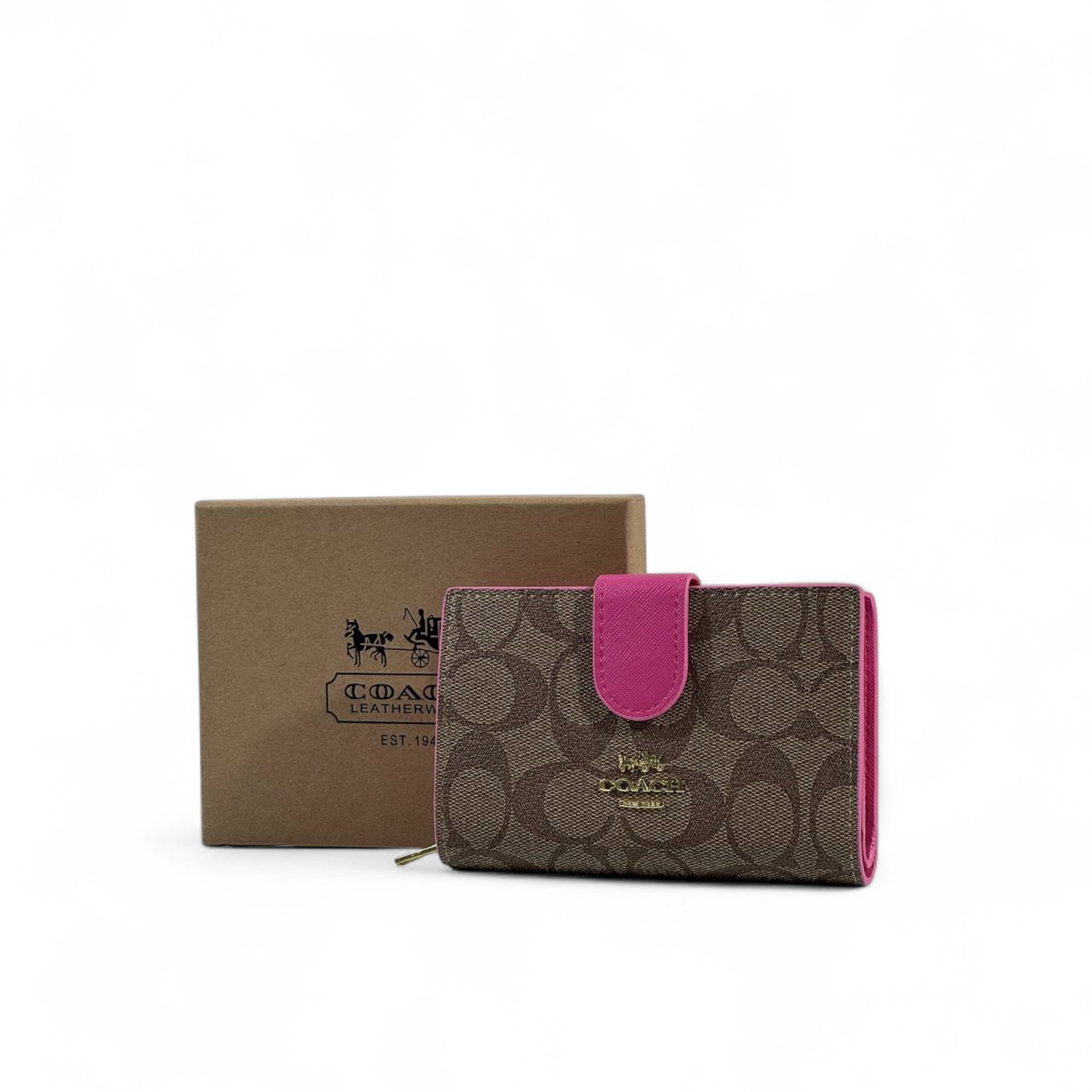 Coach Signature Canvas Wallet 🌟 | Brown with Fuchsia Trim
