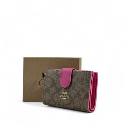 Coach Signature Canvas Wallet 🌟 | Brown with Fuchsia Trim