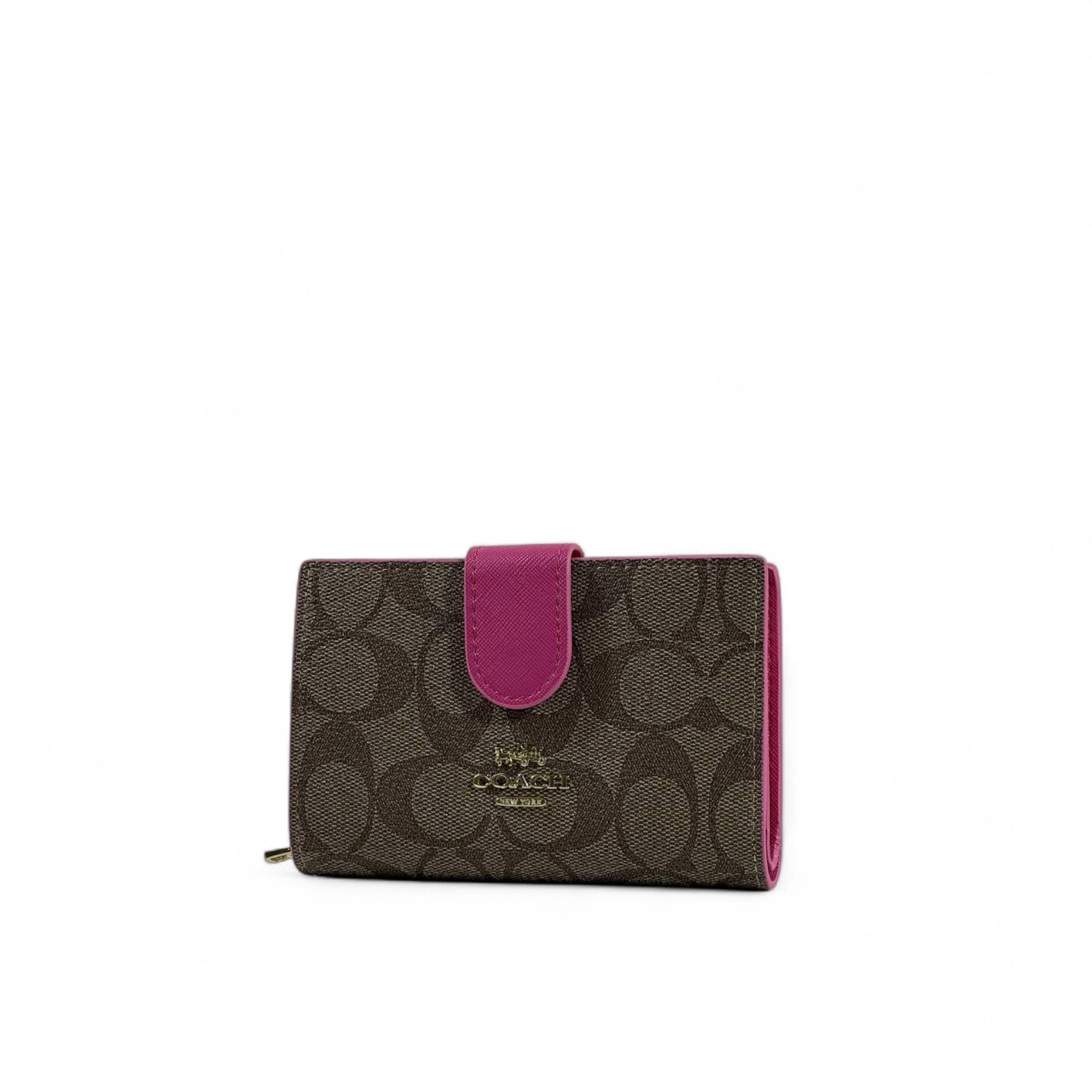 Coach Signature Canvas Wallet 🌟 | Brown with Fuchsia Trim