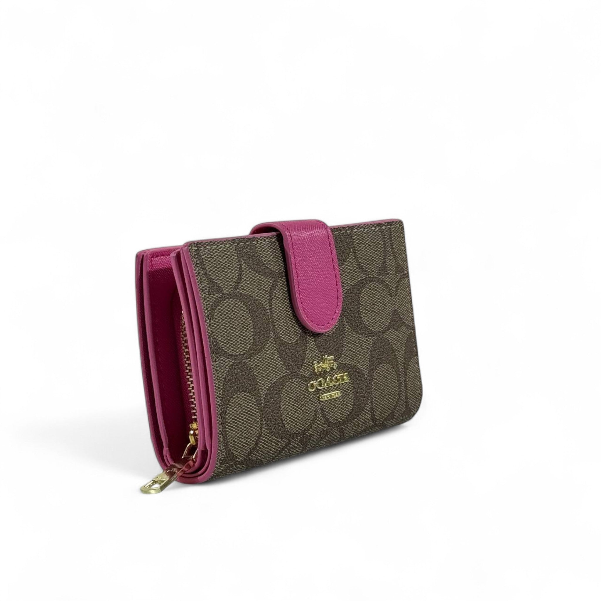 Coach Signature Canvas Wallet 🌟 | Brown with Fuchsia Trim