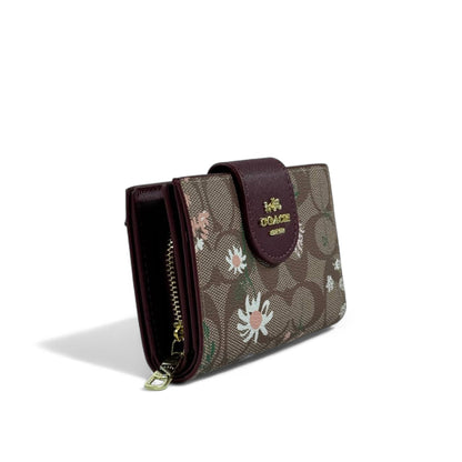 Coach Signature Floral Print Wallet 🌸🍷 | Brown with Burgundy Trim