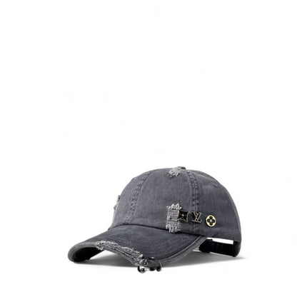 Louis Vuitton Distressed Black Denim Cap with Gold Accents 🖤🧷✨