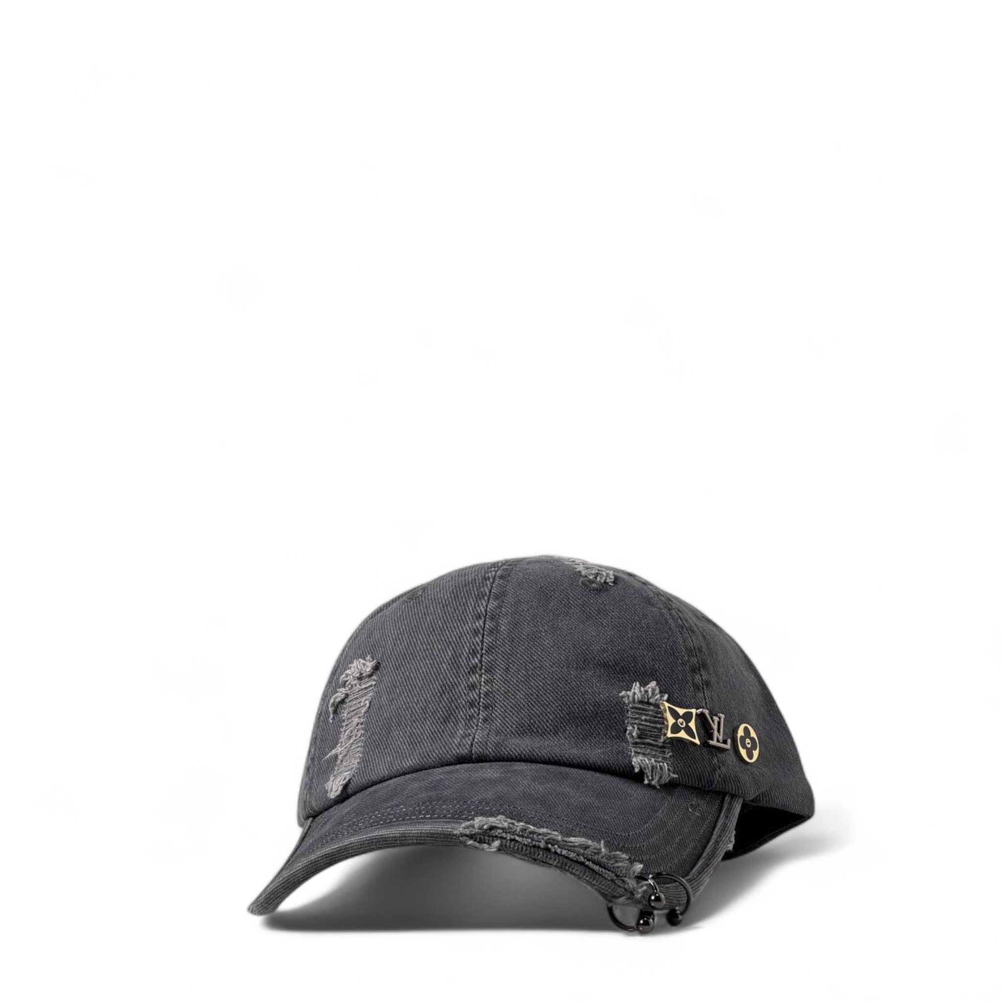 Louis Vuitton Distressed Black Denim Cap with Gold Accents 🖤🧷✨