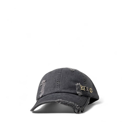 Louis Vuitton Distressed Black Denim Cap with Gold Accents 🖤🧷✨