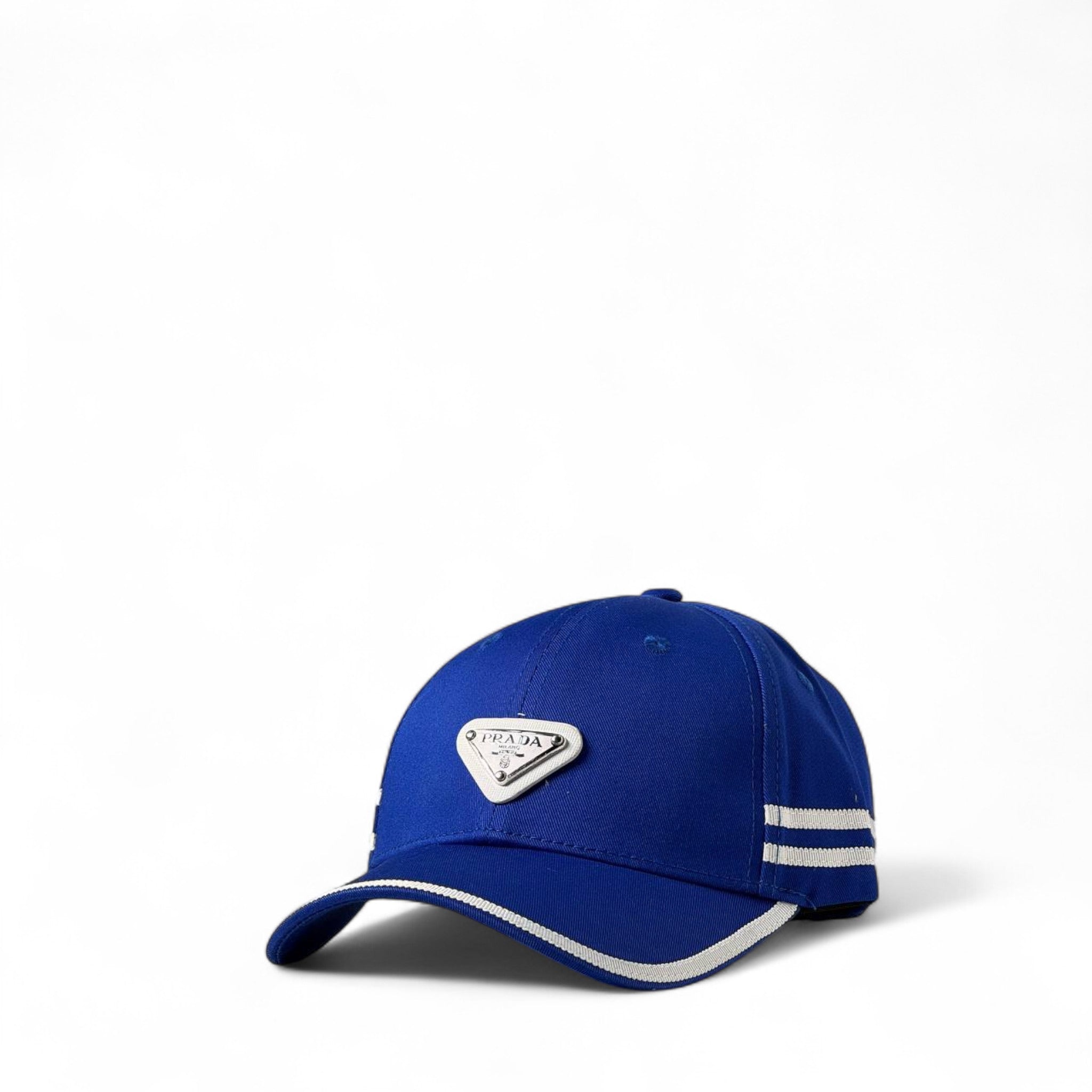 Prada Royal Blue Cap with Silver Logo Plate & Sporty Stripes 💙⚡