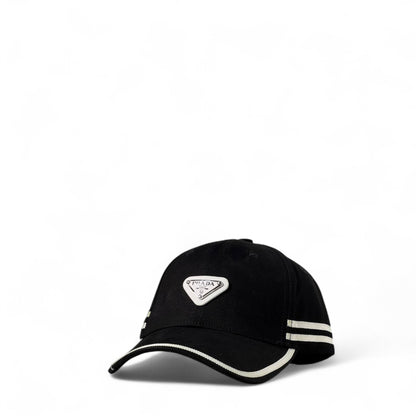 Prada Black Cap with Silver Logo & White Stripe Detailing 🖤✨
