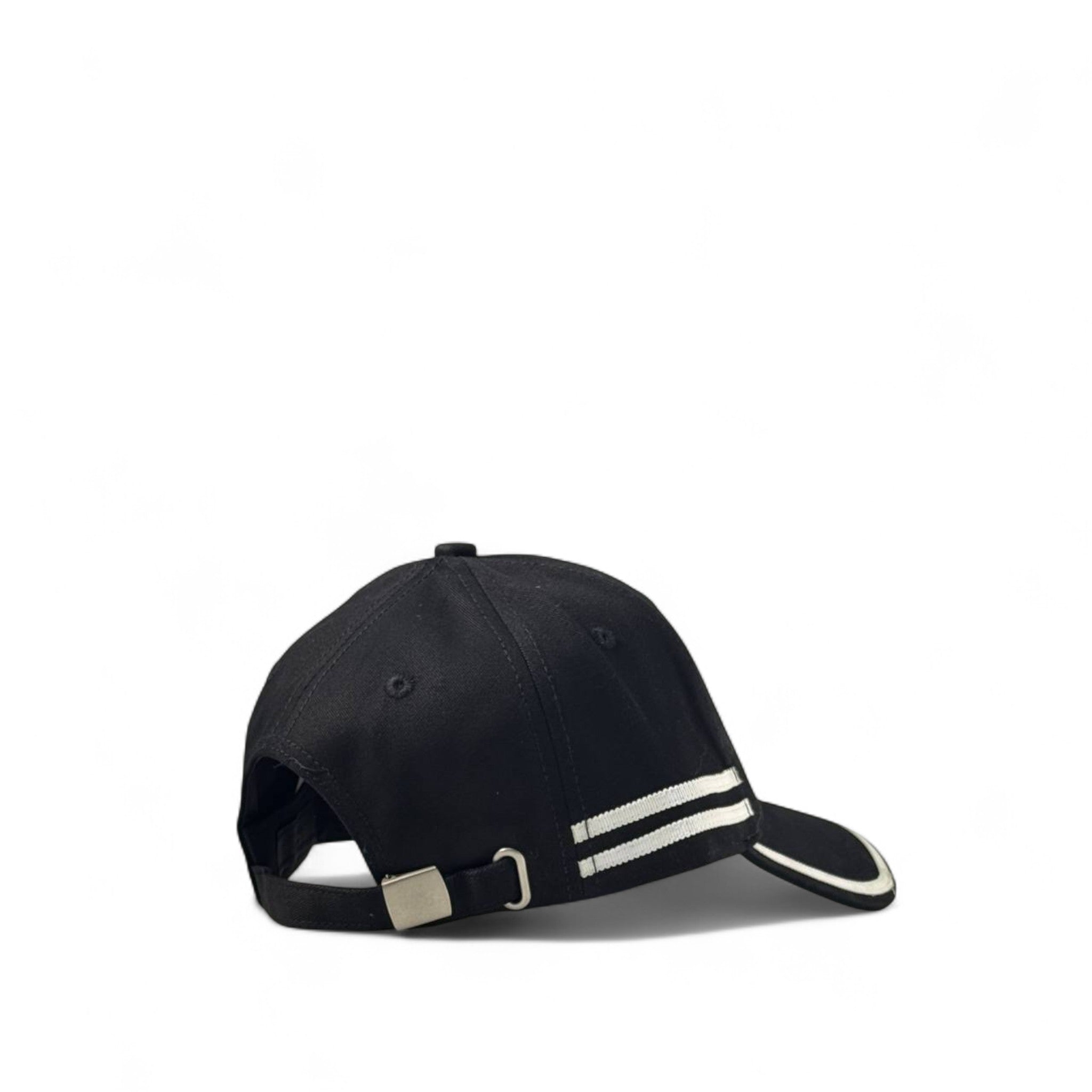 Prada Black Cap with Silver Logo & White Stripe Detailing 🖤✨