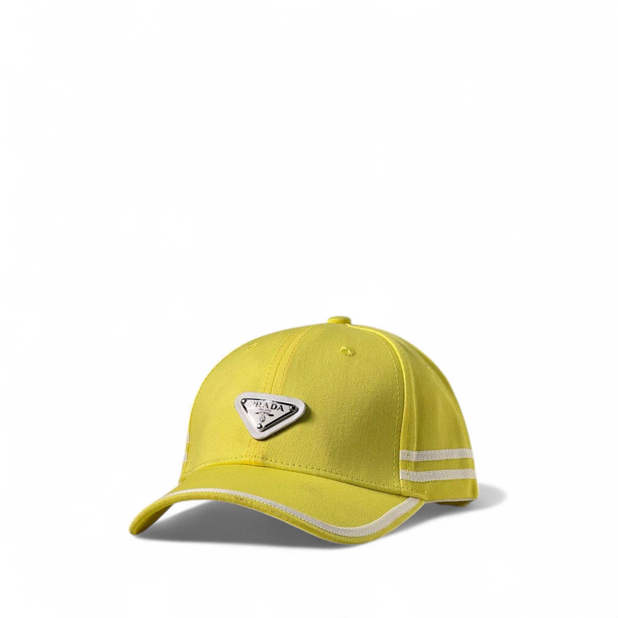 Prada Yellow Cap with Silver Logo & White Stripe Accents 🌞✨