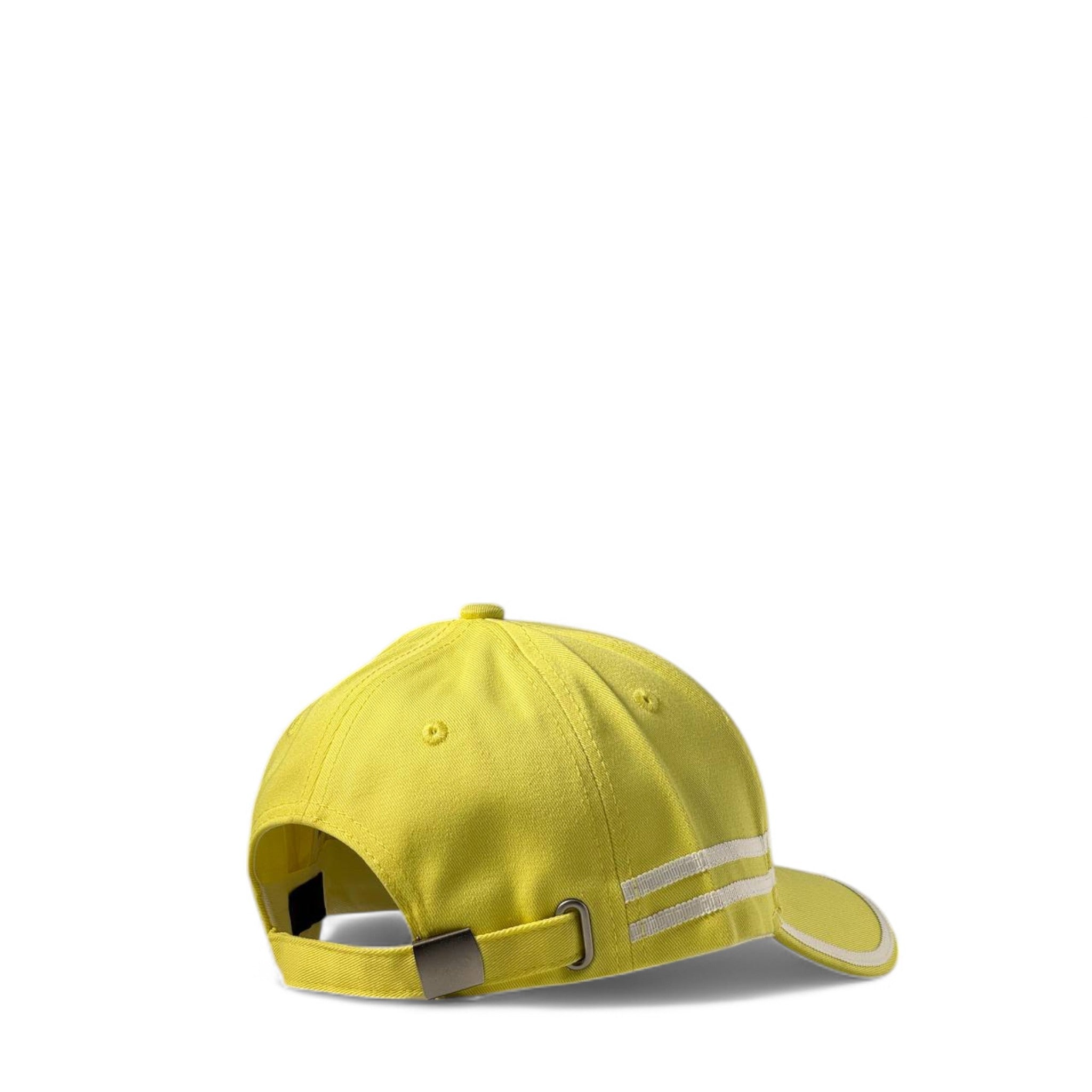 Prada Yellow Cap with Silver Logo & White Stripe Accents 🌞✨