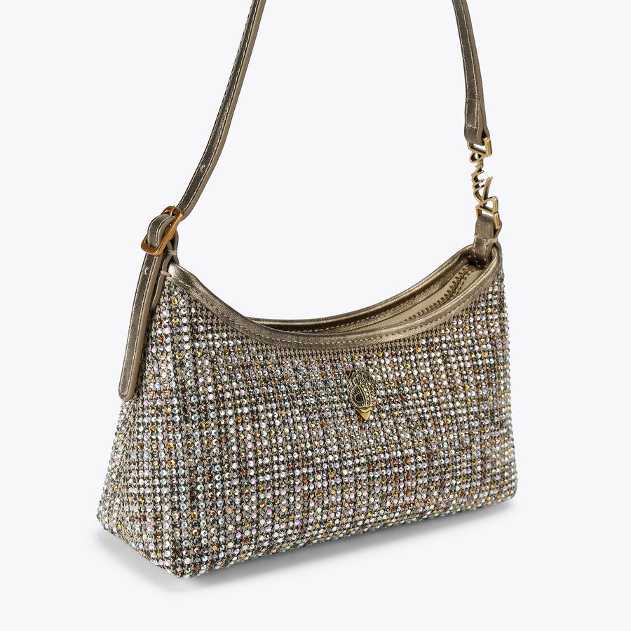 Kurt Geiger gold crystal-embellished hobo shoulder bag with signature hardware