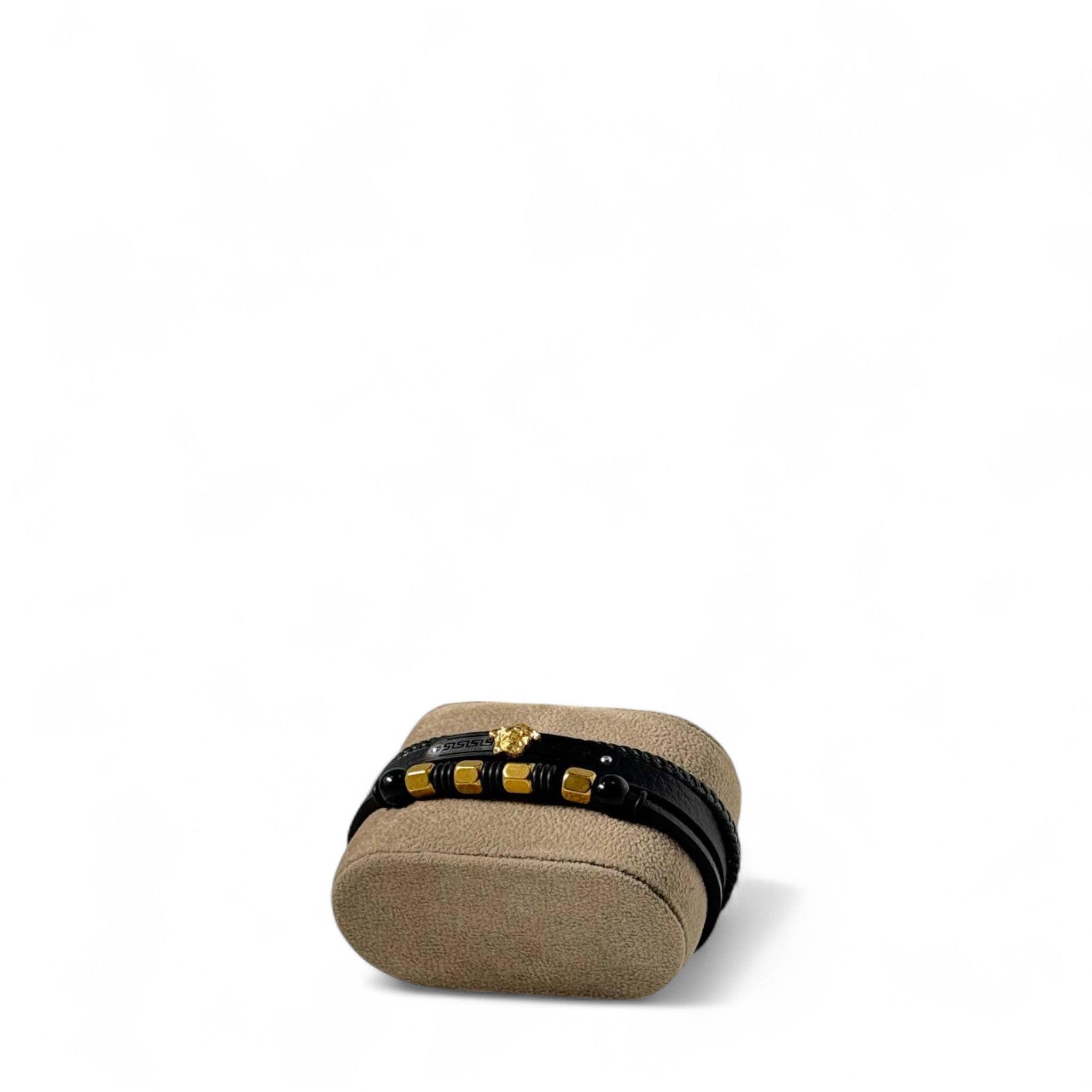 🖤 Versace Men’s Lion Bracelet – Black Leather & Gold Beads 🦁✨