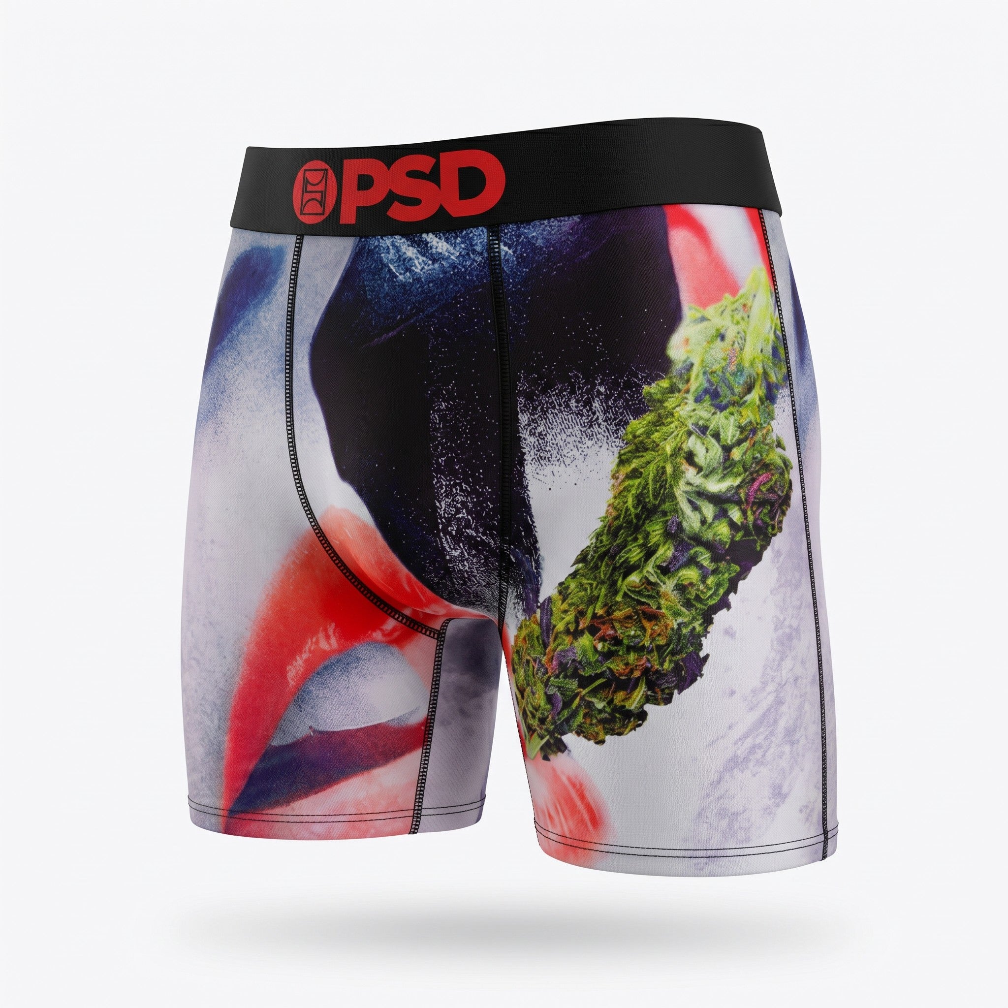 🌿 PSD Cannabis Graphic Men’s Boxer Briefs – Black & Red Waistband 🖤