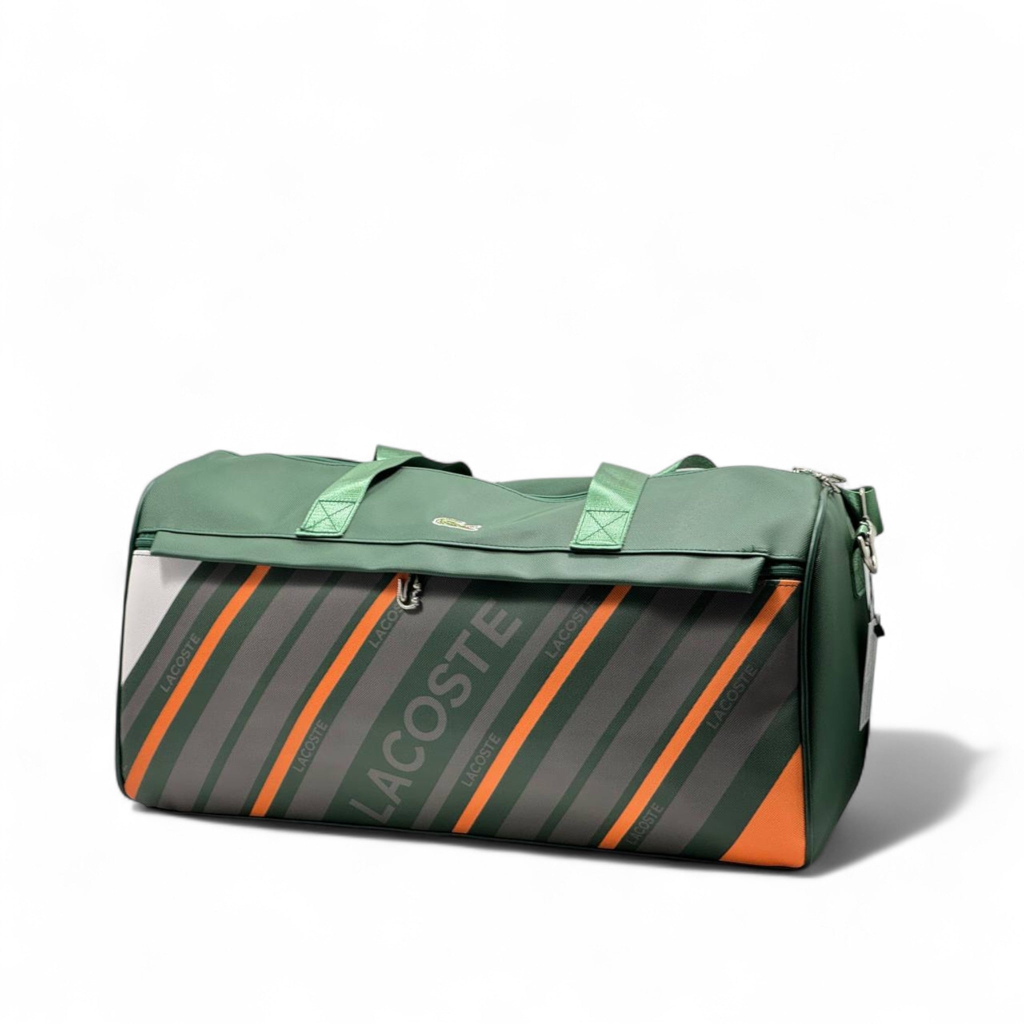 Lacoste Sport Duffel Bag 🟢🟠 – Green Travel & Gym Bag with Bold Stripe Design