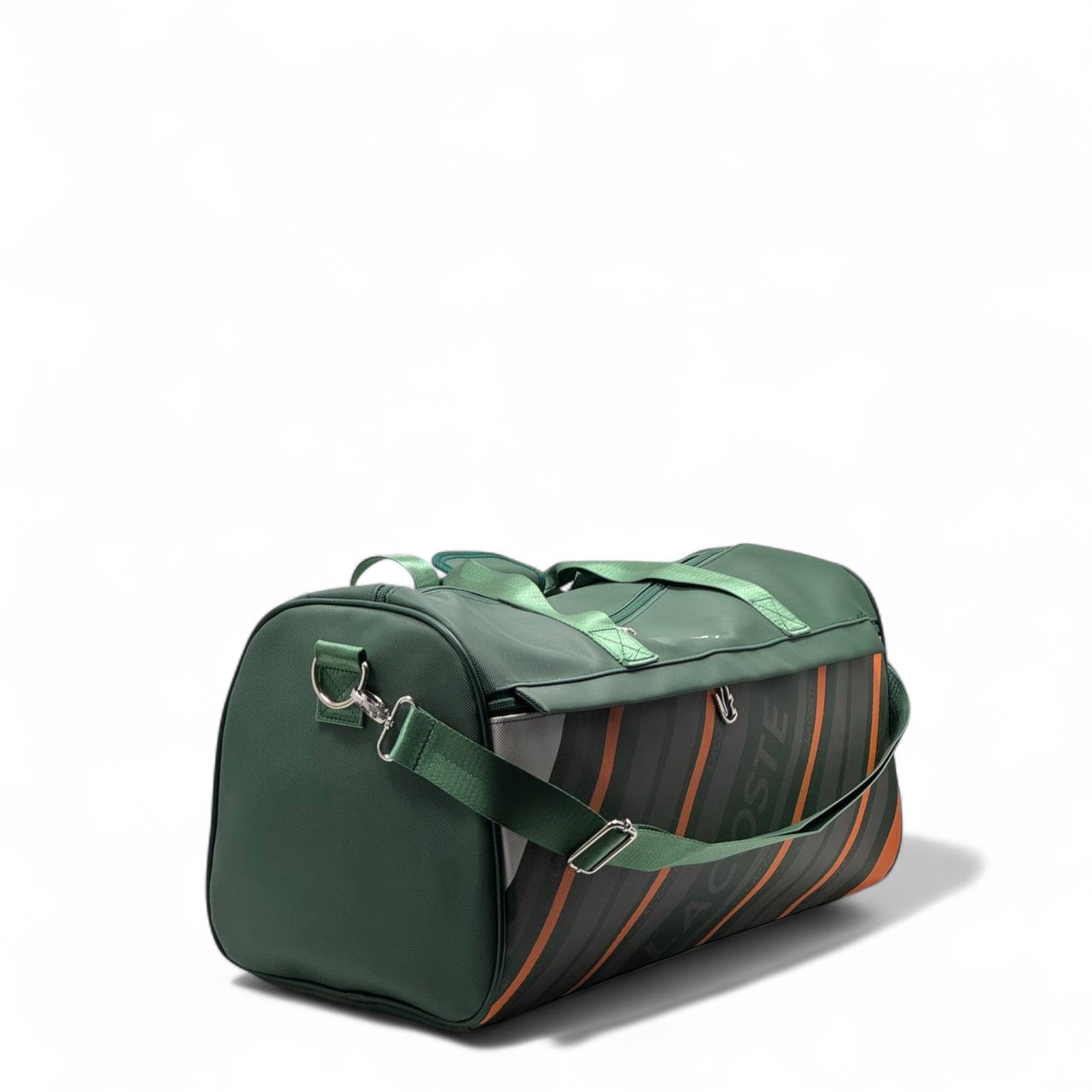 Lacoste Sport Duffel Bag 🟢🟠 – Green Travel & Gym Bag with Bold Stripe Design