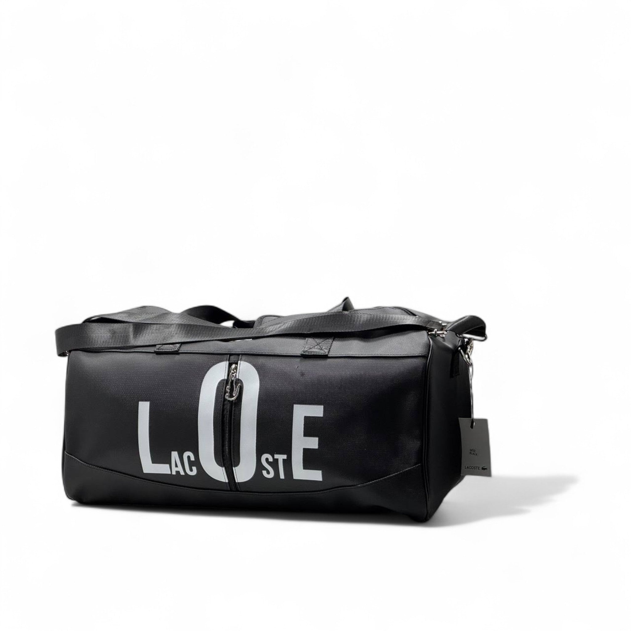Lacoste Black Graphic Duffel Bag 🎒 – Bold Logo Sports & Travel Carryall