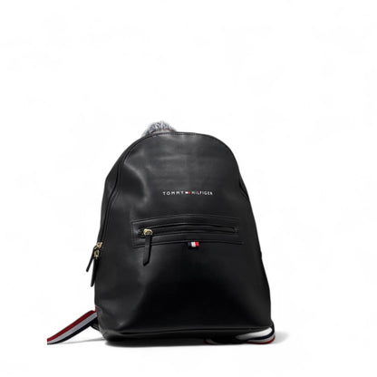 Tommy Hilfiger Faux Leather Backpack 🎒 – Sleek Black with Gold Zips & Logo Detail