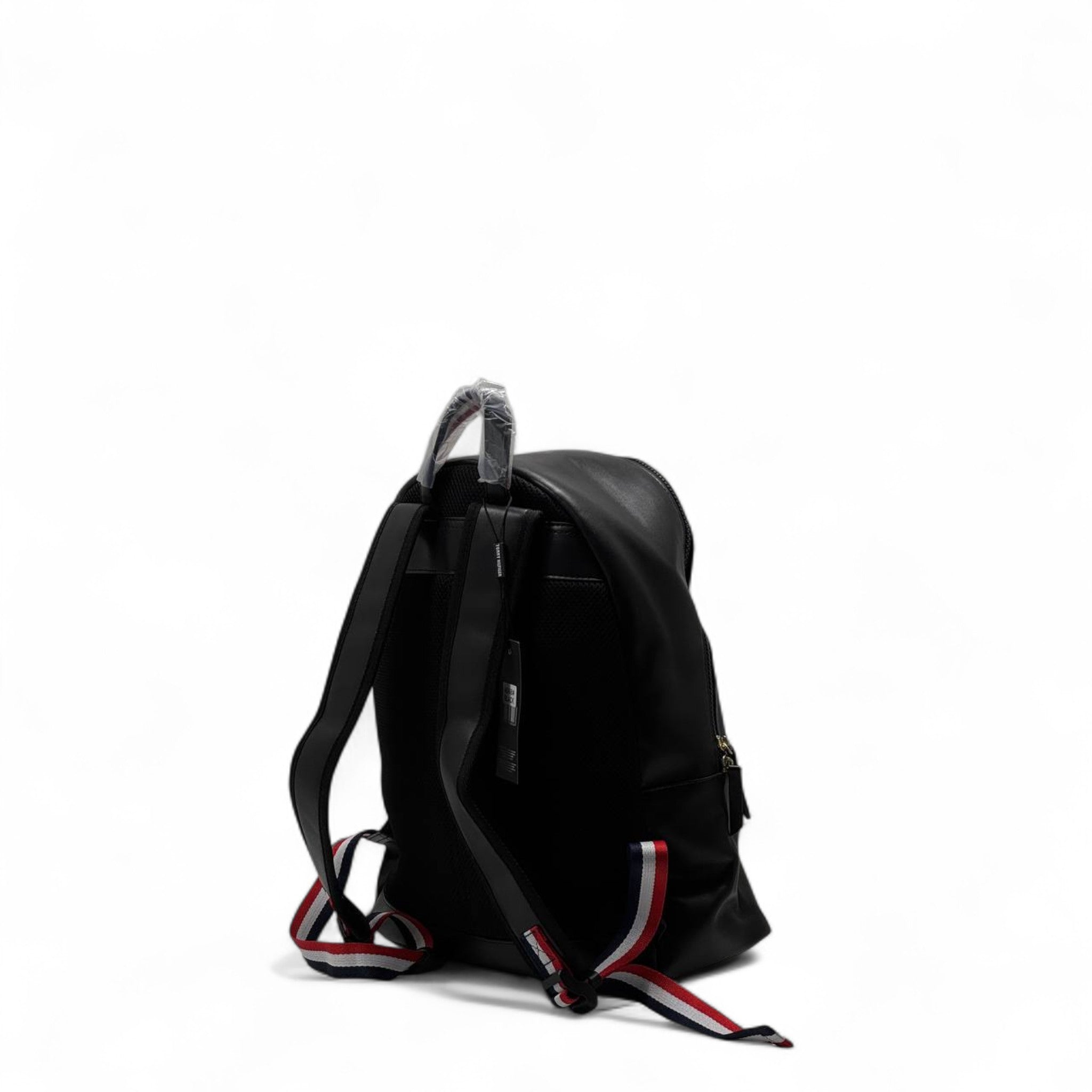 Tommy Hilfiger Faux Leather Backpack 🎒 – Sleek Black with Gold Zips & Logo Detail