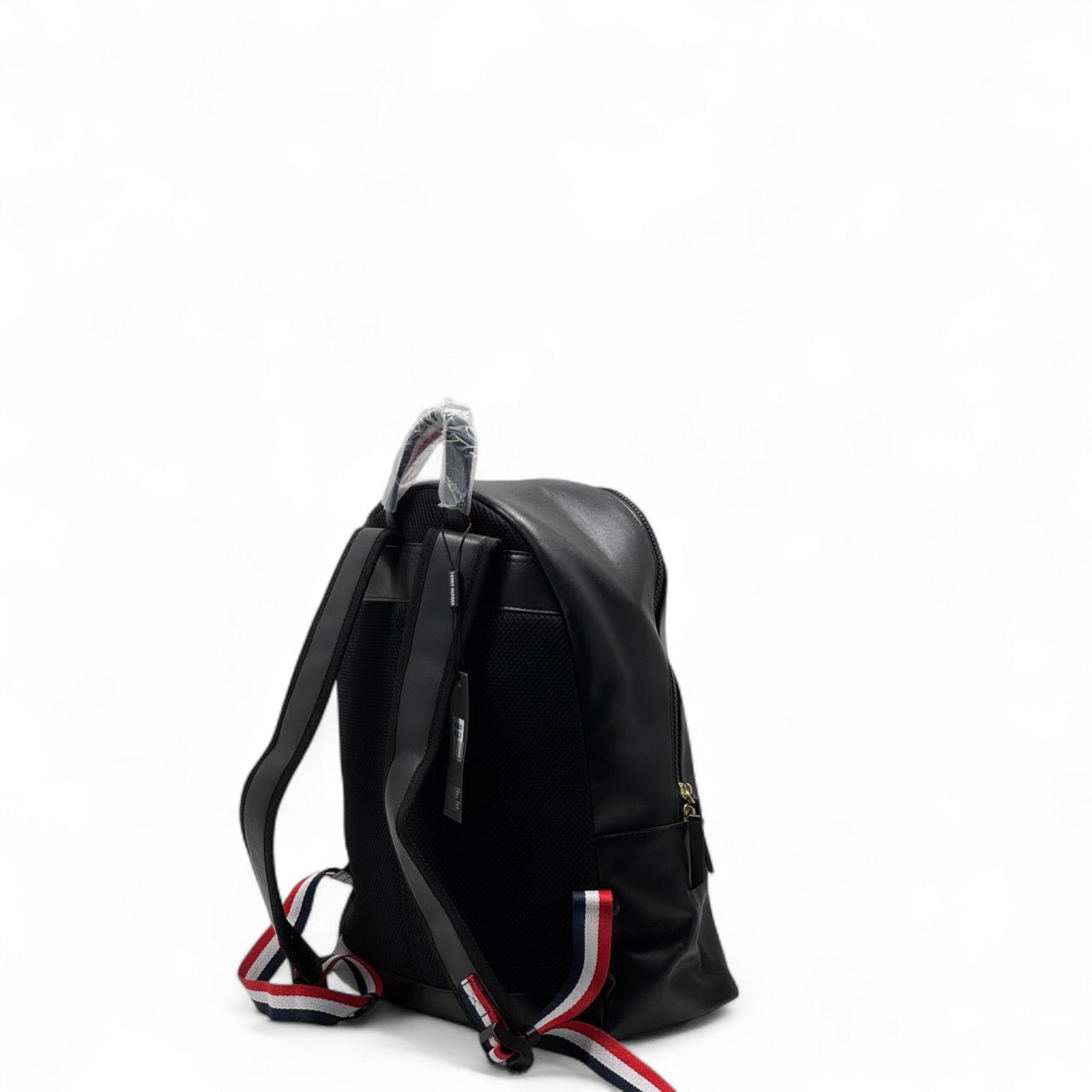 Tommy Hilfiger Faux Leather Backpack 🎒 – Sleek Black with Gold Zips & Logo Detail