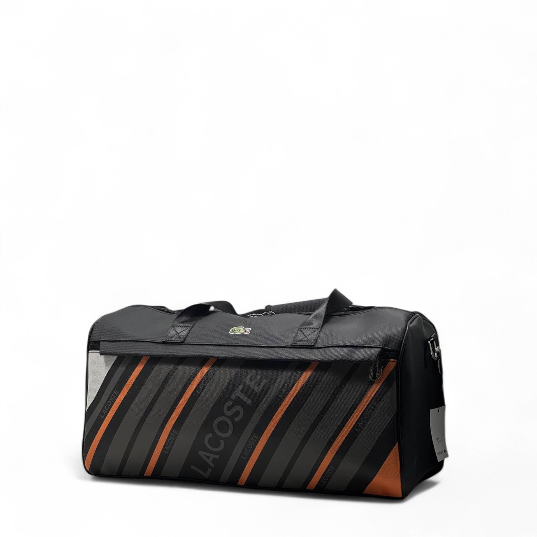 Lacoste Black Duffel Bag 🎽 – Bold Stripe Travel & Gym Bag with Orange Accents