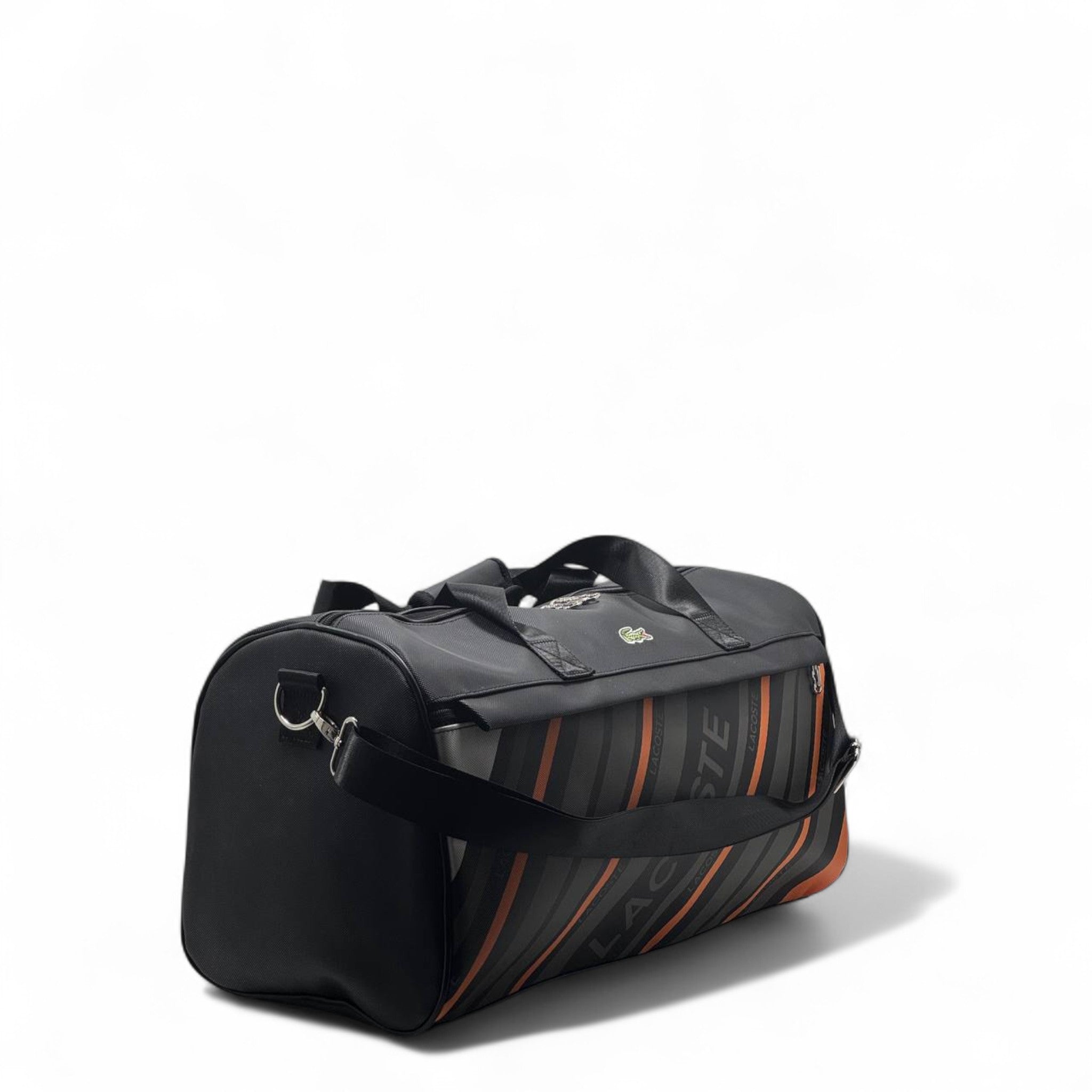 Lacoste Black Duffel Bag 🎽 – Bold Stripe Travel & Gym Bag with Orange Accents