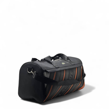 Lacoste Black Duffel Bag 🎽 – Bold Stripe Travel & Gym Bag with Orange Accents