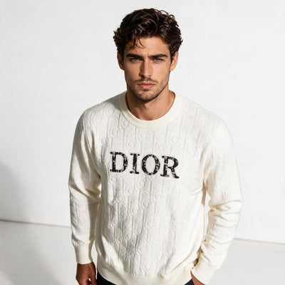 Cream Dior crewneck sweater with embossed monogram and large DIOR logo