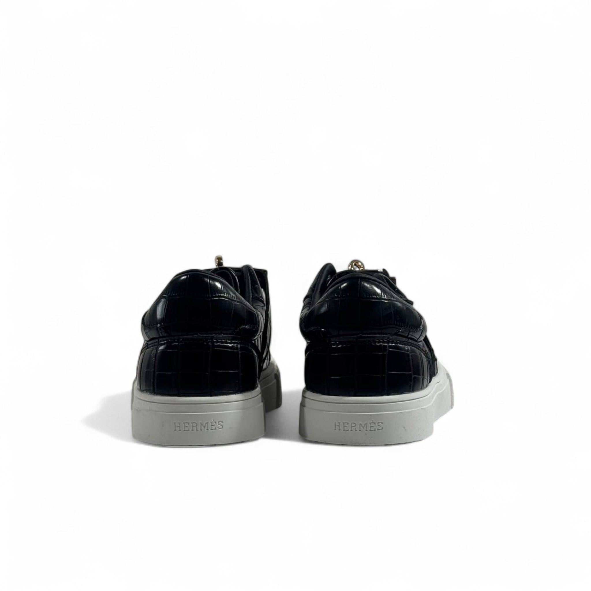Hermès Black Croc-Embossed Luxury Sneakers with Gold Hardware ✨👟